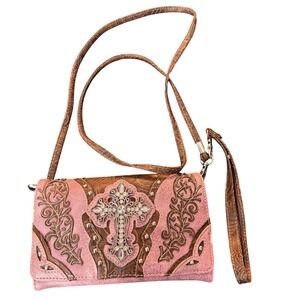 Crossbody‎ Cell Phone Bag Wallet Pink Western Rhinestone Cross Purse Handbag